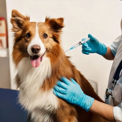 Cão a receber cuidados preventivos numa consulta veterinária